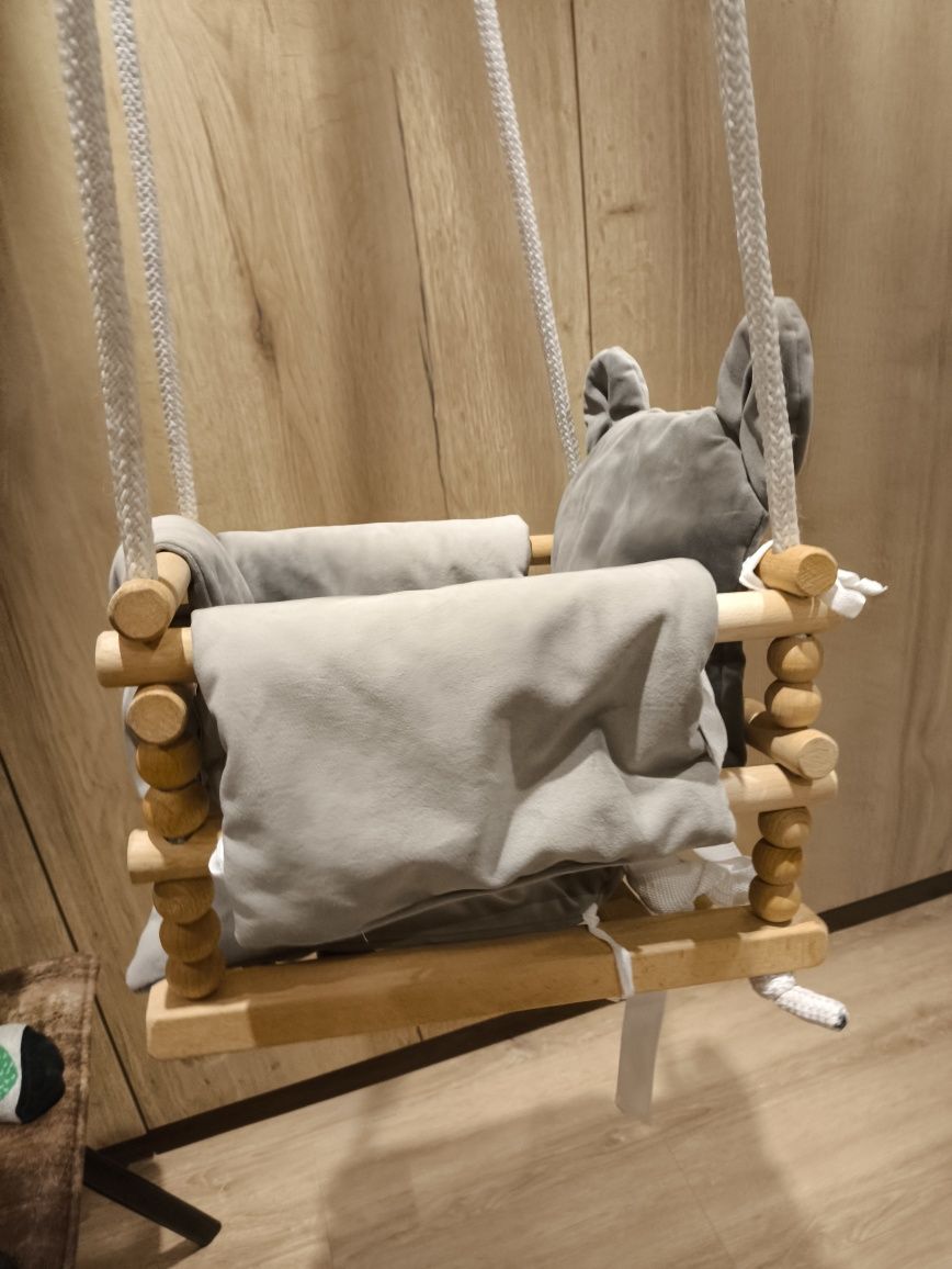 Huśtawka boho dla niemowlaka 3w1 miś welur velwet szara z zapięciem