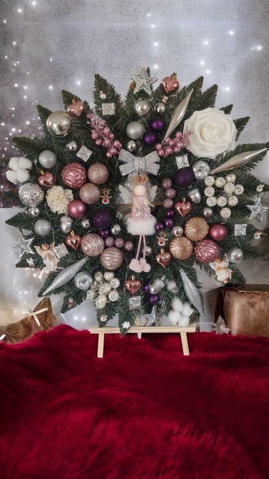 Wianek świąteczny dekoracyjny z aniołkiem różowo fioletowy duży