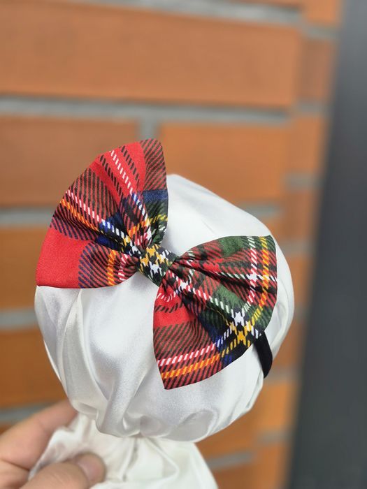 Opaska bezuciskowa niemowlęca kokardka szkocka kreata świąteczna