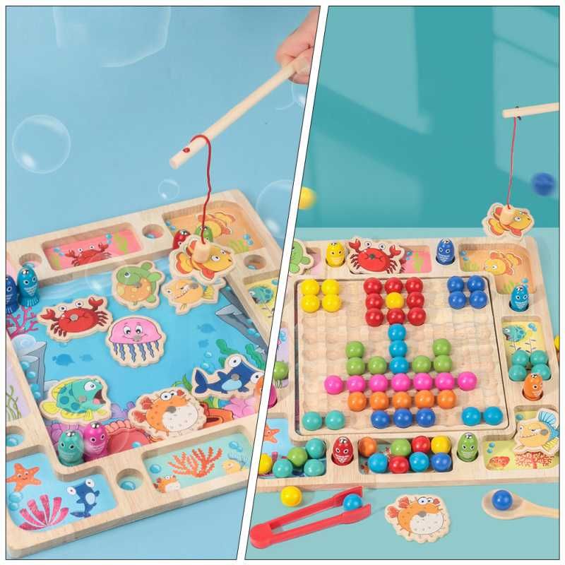 Drewniana gra 3w1 - Mozaika, Bubble Shooter, Rybki