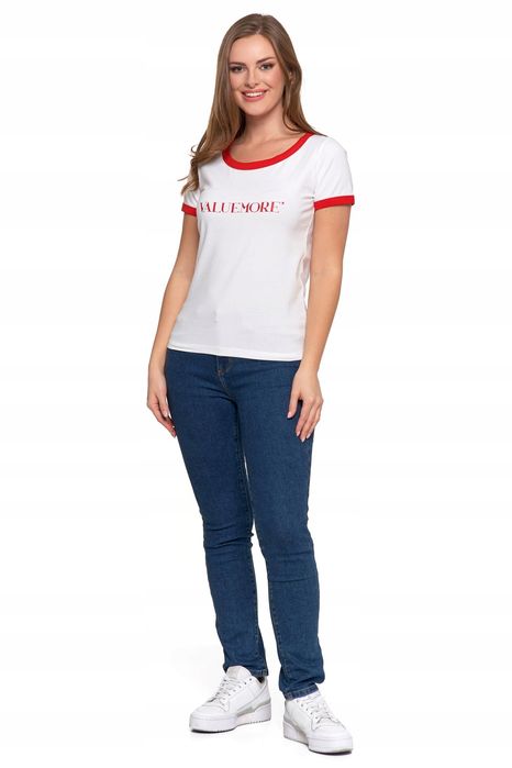 T-Shirt Koszulka Damska Bawełna Slim Napisami Biało-Czerwona Moraj Xxl