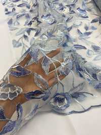 Tkanina koronkowa siatka niebieskie kwiaty