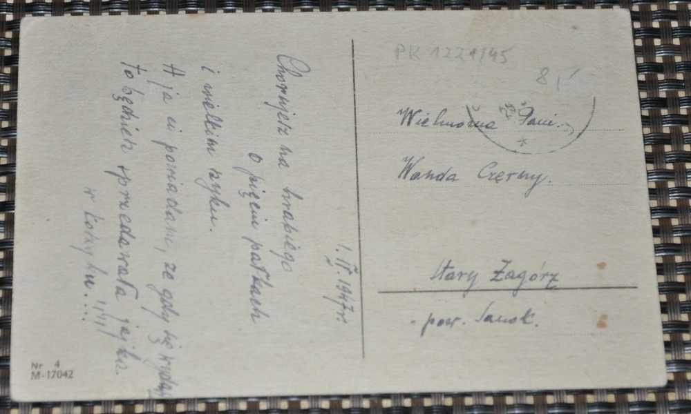 Stara pocztówka - 1.IV. 1947r. - Żart, wierszyk - adres Stary Zagórz