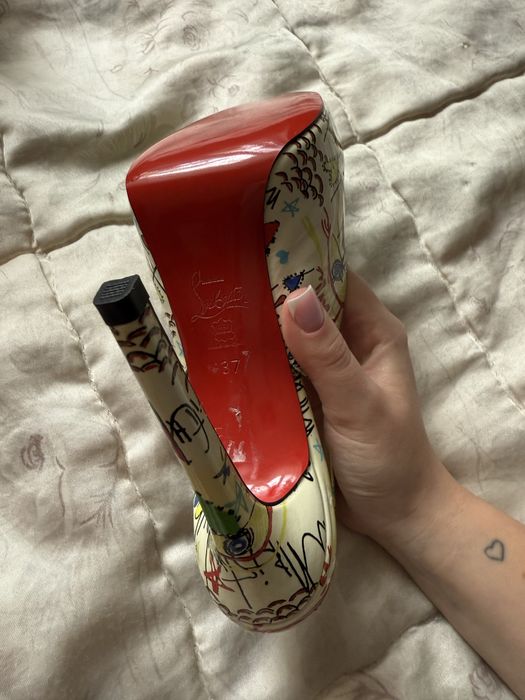 Christian Louboutin peep toe ankle strap graffiti