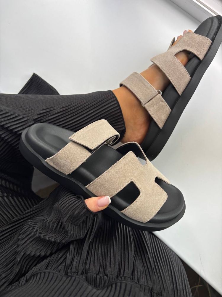 Жіночі шльопанці Hermes Grey 36-41 натуральна замша тапки