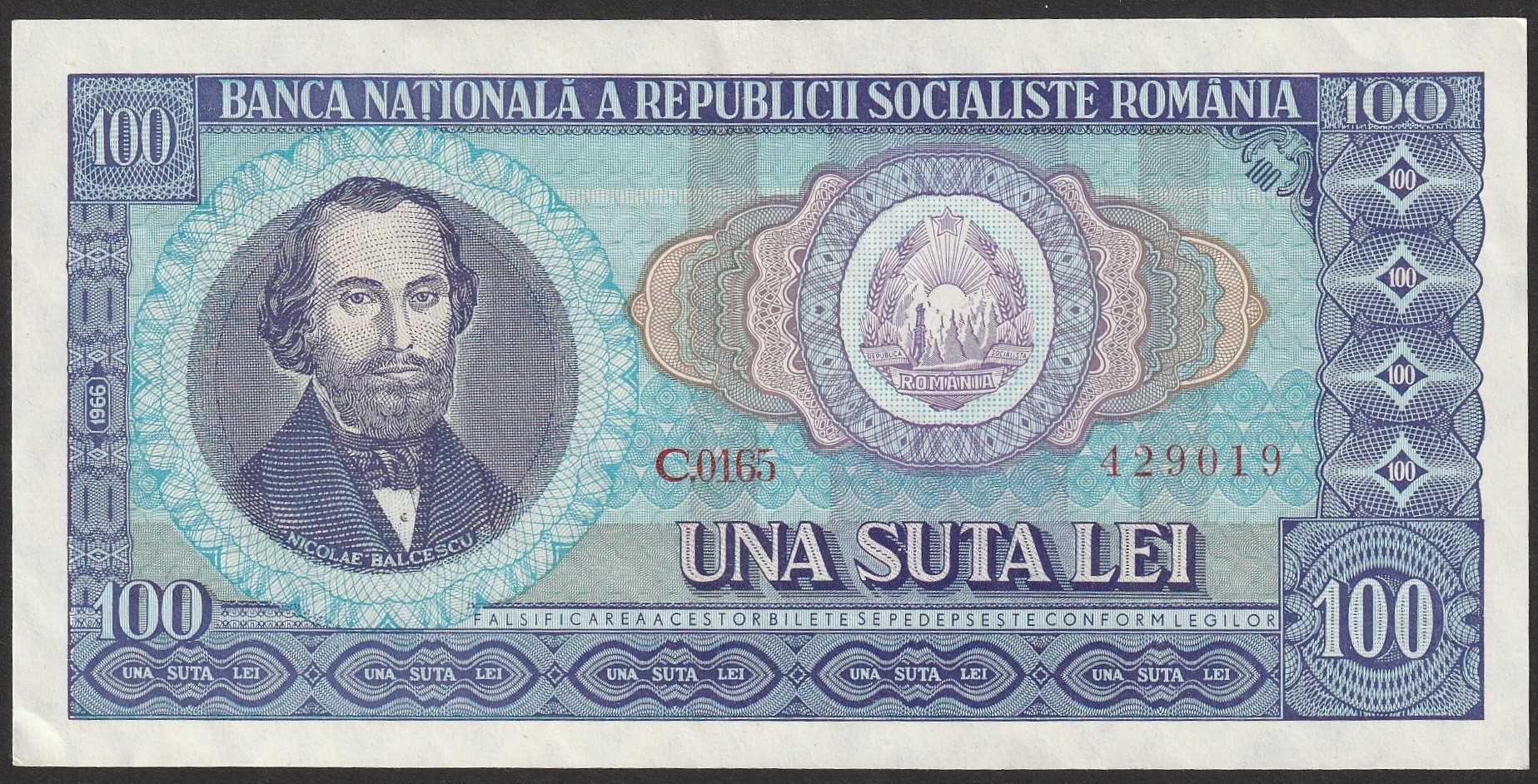 Rumunia 100 lei 1966 - Balcescu - stan 1/2