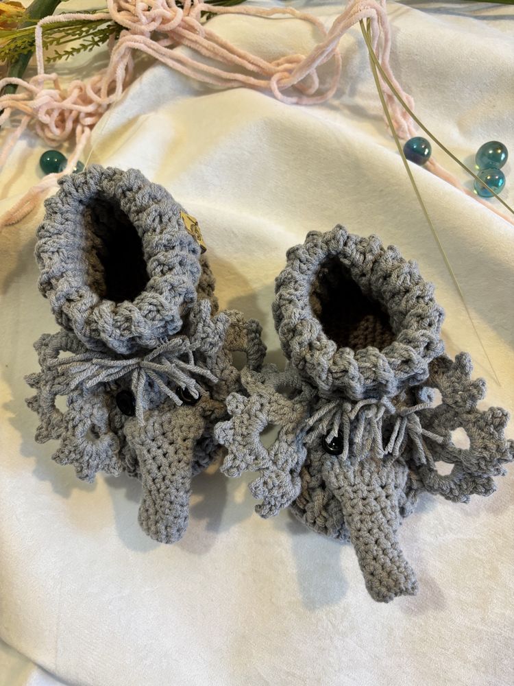 Bambosze Kapcie Buciki Słoniki 6-12 m ręcznie robione 12 cm