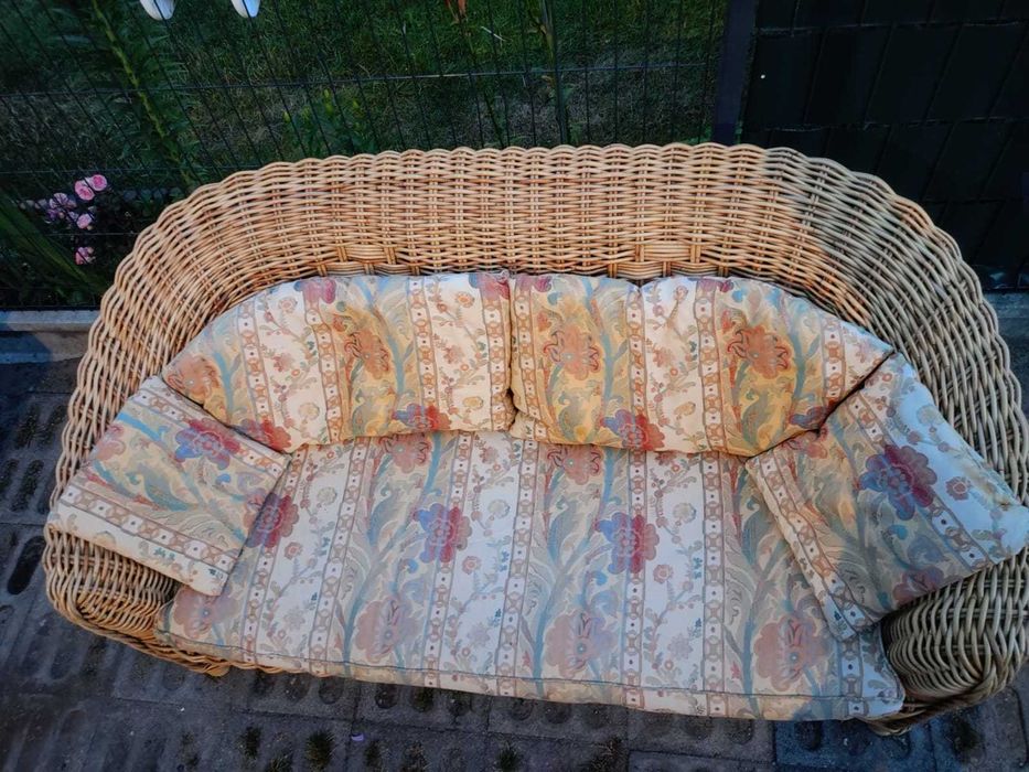 Kanapa Sofa rattanowa naturalny oplot GRUBY poduszki dwuosobowa rattan