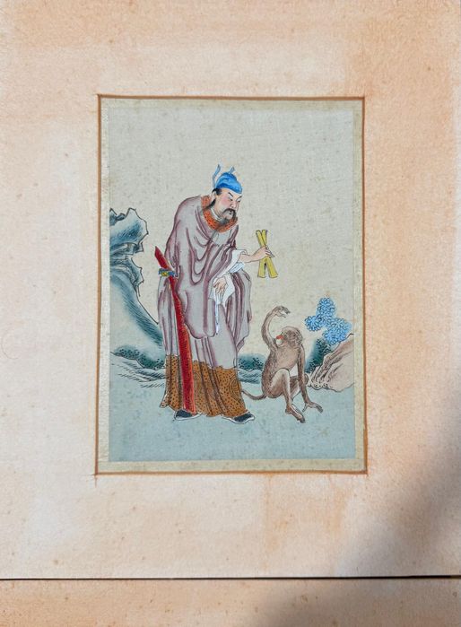 Figuras mitológicas chinesas pintadas em aguarela sobre  seda.