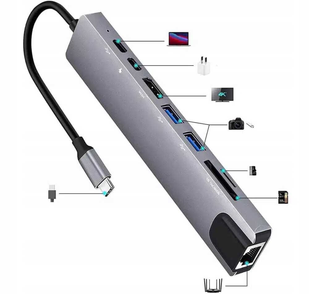Adapter HUB 8W1 z Kablem USB C HDMI SD MicroSD USB 3.0 RJ-45 LAN