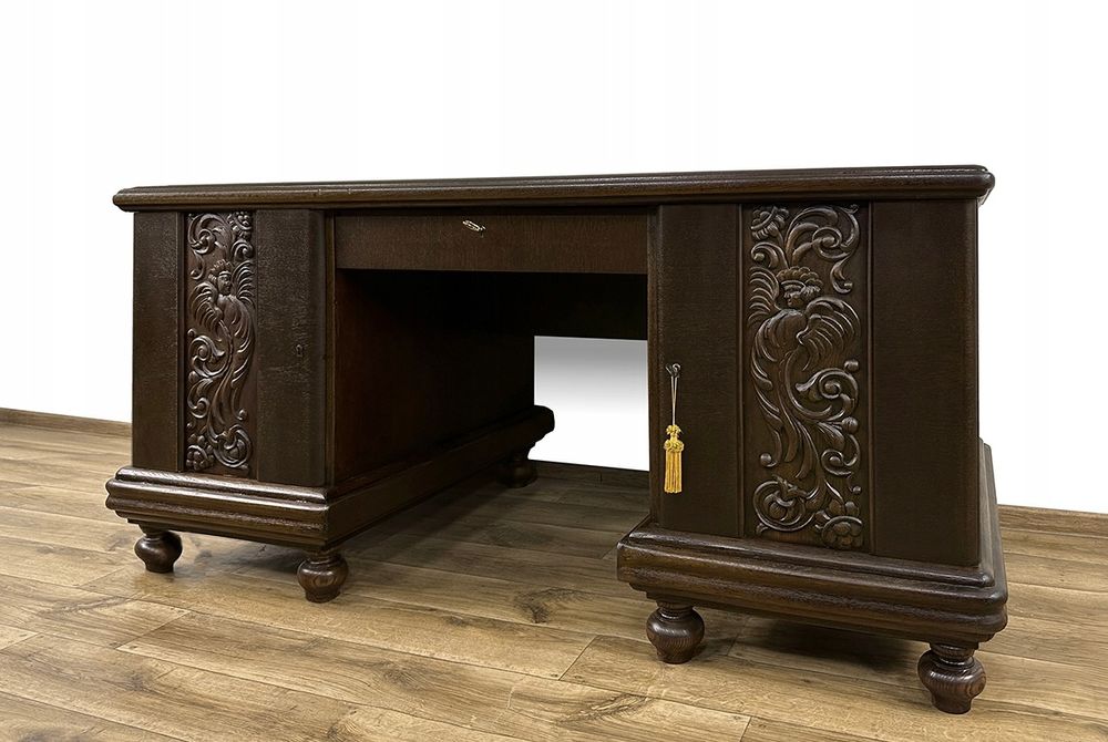 SEJF BIURKO z sejfem antyk UNIKAT rzeźbione anioły dwustronne GABINET.