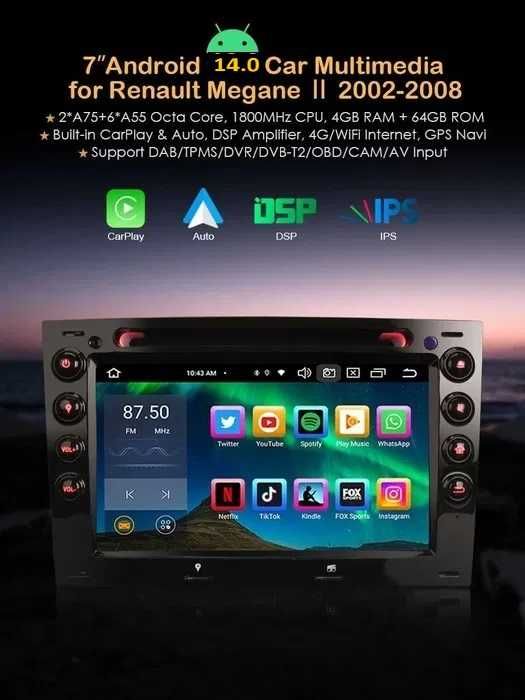 Auto-rádio 2 din android 14 Megane Dacia Duster Logan Sandero Dokker