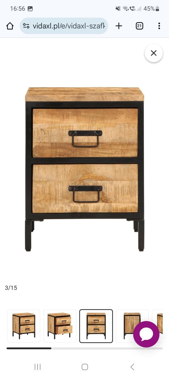 Szafka nocna z 2 szufladami, 40x35x53 cm, surowe drewno mango