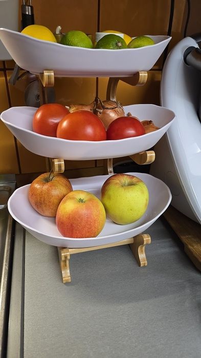 Patera 3 poziomowa na owoce przekąski beżowo drewniana