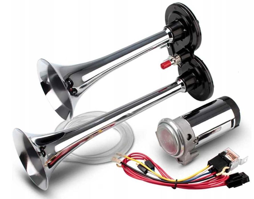Podwójny klakson samochodowy 12V FARBIN 150 dB chromowany pneumatyczny
