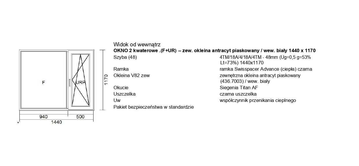 Okno Veka SL 82 DUOKOLOR - zew. antracyt/wew. biały 1440 x 1170 - NOWE