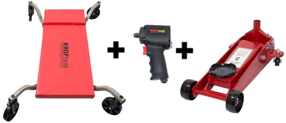 Estrado de Mecânico + Pistola impacto 1/2" + Macaco rodas 3,5T baixo