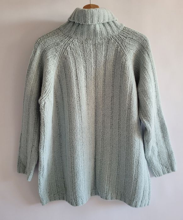Błękitny niebieski gruby sweter z golfem oversize XL wełna cozy fall