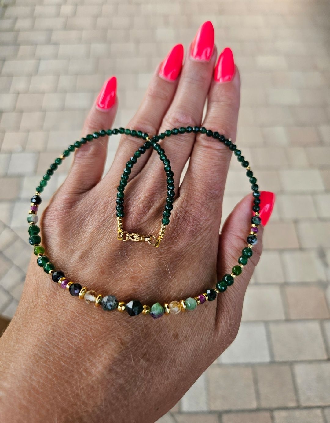 Naszyjnik Choker kamienie Naturalne Zoisyt z Rubinem Cytryn Jadeit