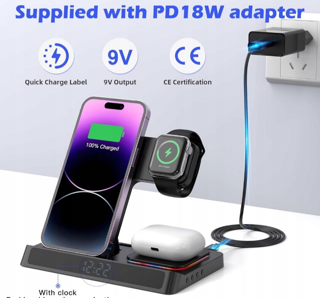 Bogseth Bezprzewodowa Ładowarka 3W1 QC 3.0 CZARNA