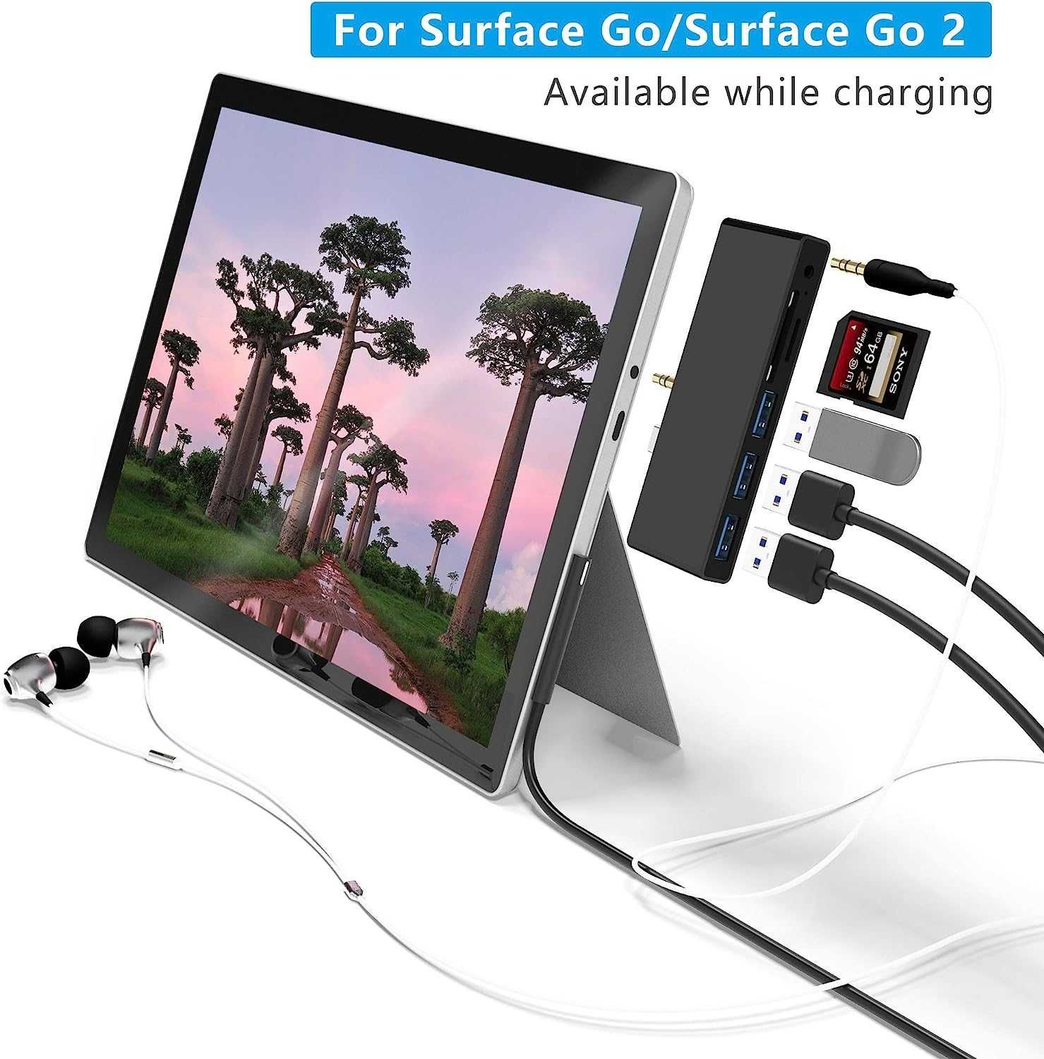 HUB 6 w 1 - 3x USB SD/TF AUX Do Microsoft Surface Go