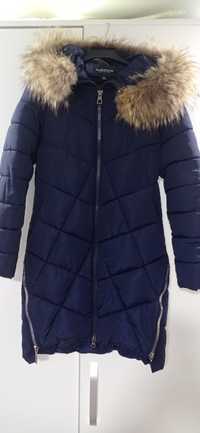 Пуховик пальто 155 зріст на халофайбері з натуральним мехом Єнота