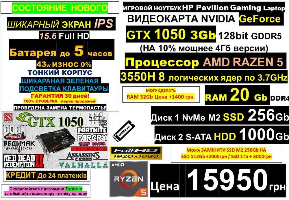 є 90 Ноутбуків‼️Traid-In‼️HP Gaming GTX1050‼️Ryzen 5/RAM 20/SSD 1.25Tb
