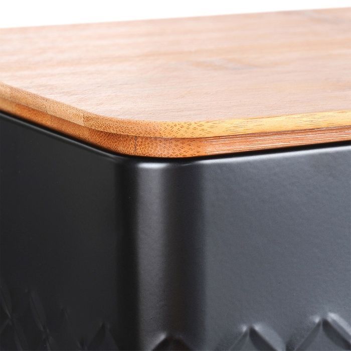 Chlebak metalowy z deską drewnianą czarny 33,5x18,5x12,5 cm