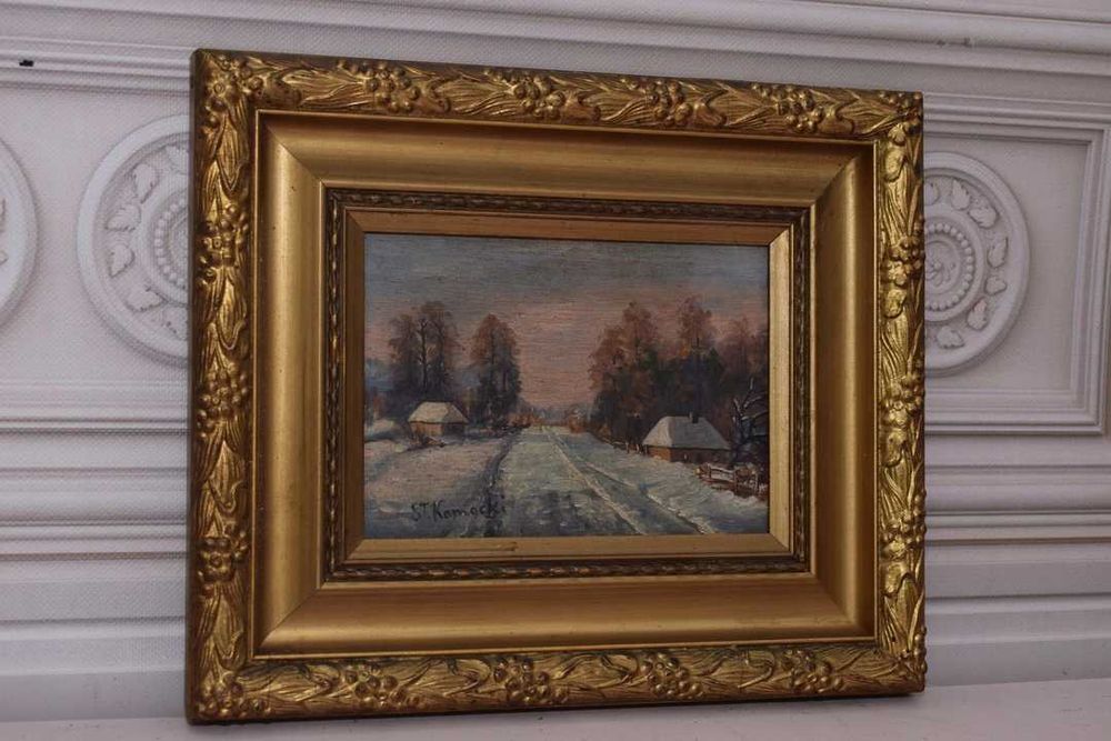 ST Kamocki - Pejzaż Polskiej Wsi Wiejska Chata - Stary Obraz na Drewni