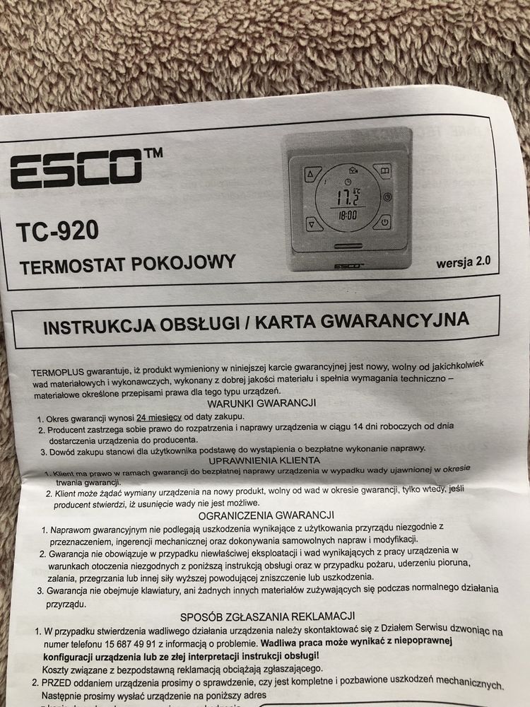 Termostat pokojowy ESCO TC-920