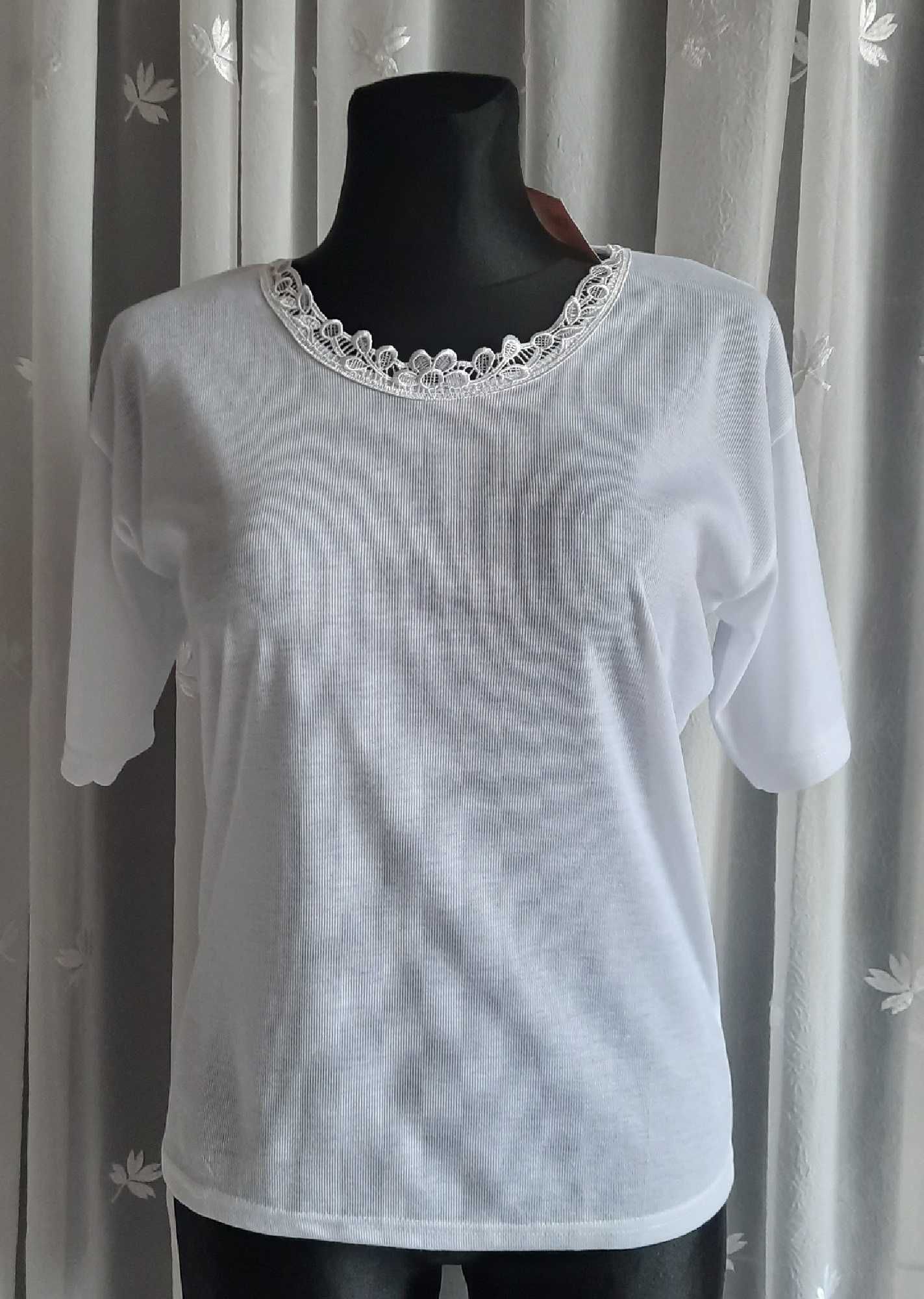 Biała z koronką Bawełna koszulka bluzka t-shirt bielizna L M/L
