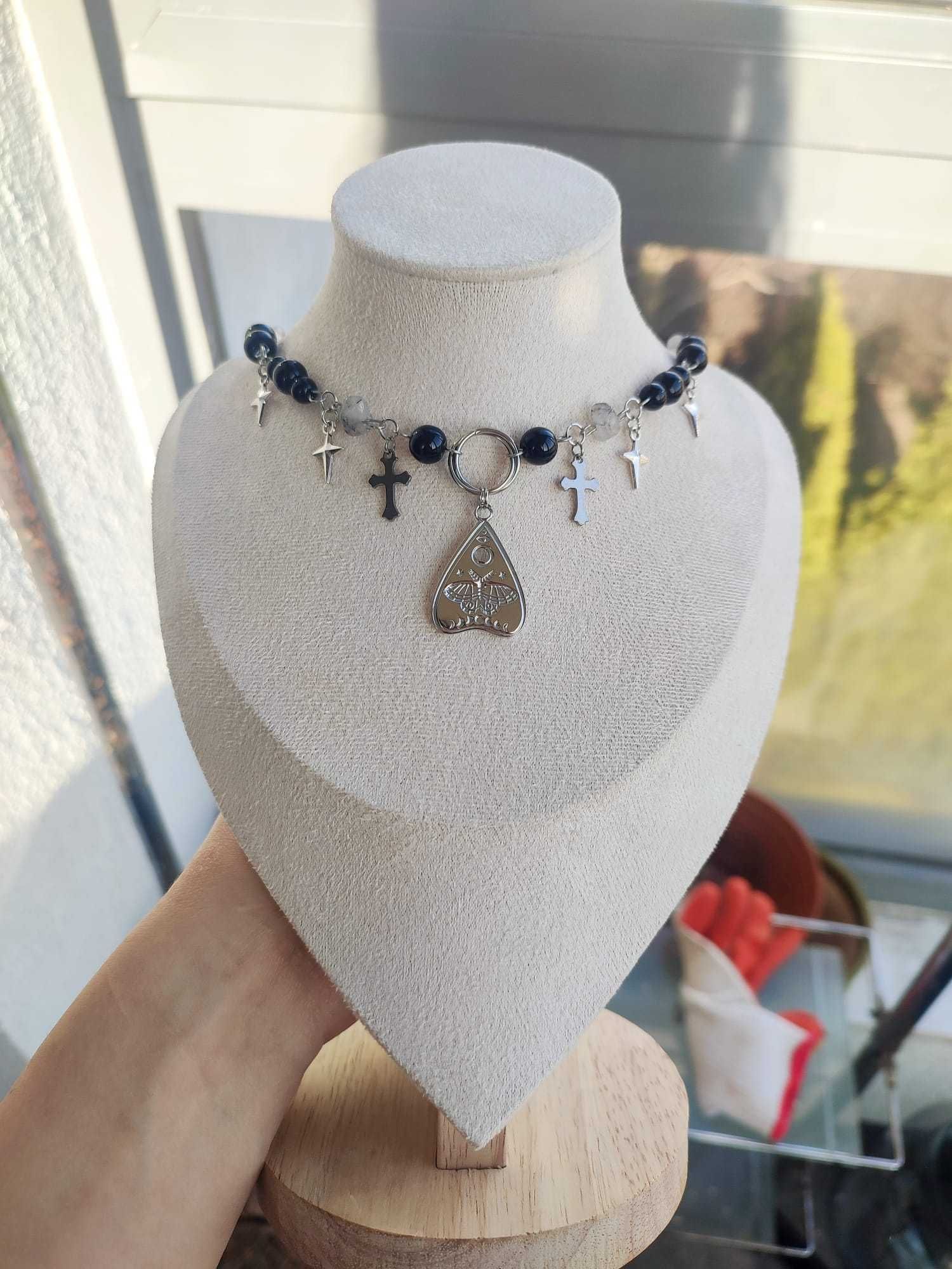 Choker magiczny stal chirurgiczna 304, szkło kamień naturalny, tarot