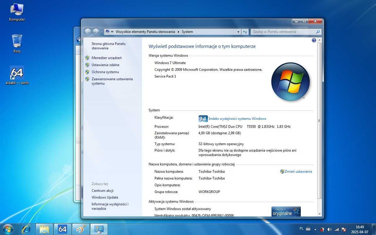 Toshiba a300-149 Core2Duo  1833MHz.Ram4Gb,Hdd\320GB,Gwarancja