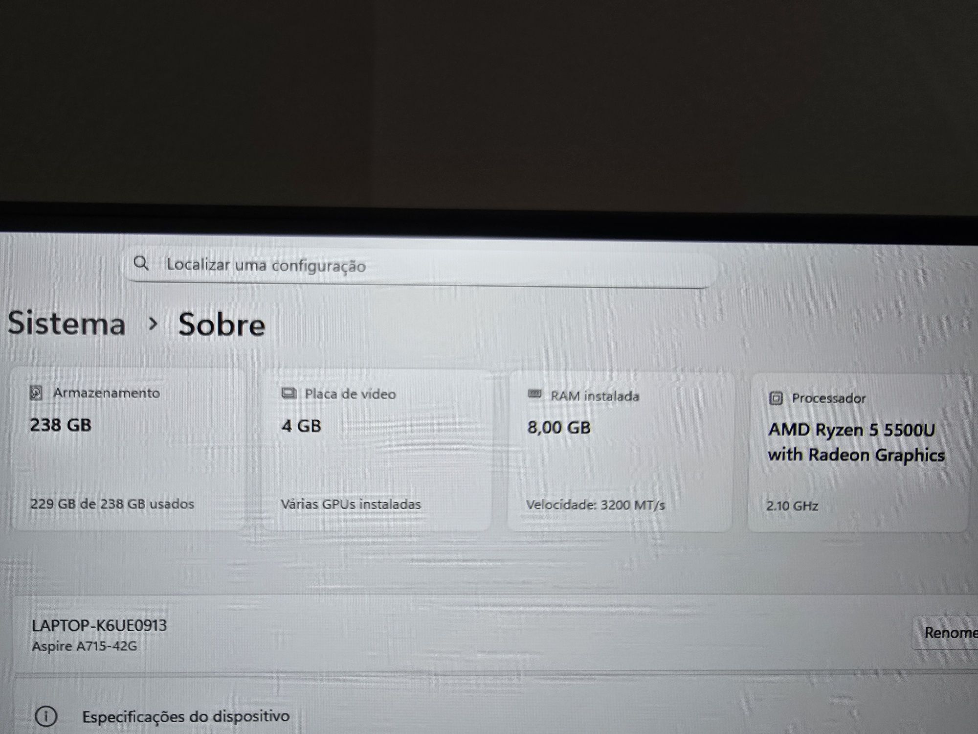 Acer aspire 7 - 8gb ram - video 4gb