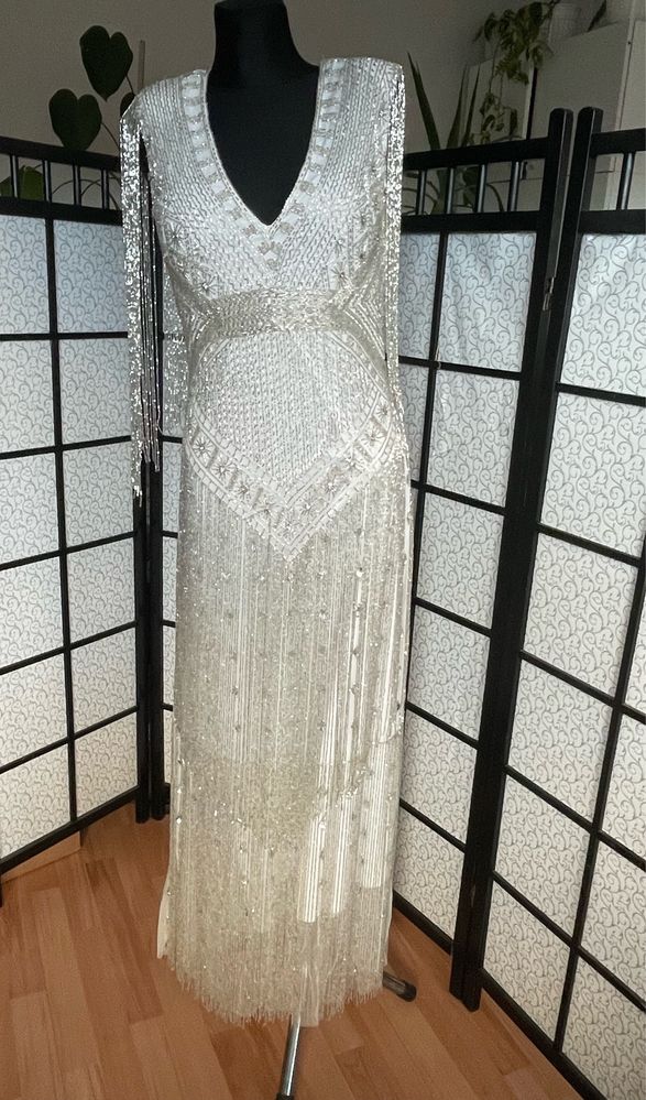 Karen millen cekinowa sukienka maxi frędzle zdobiona M 38 L 40