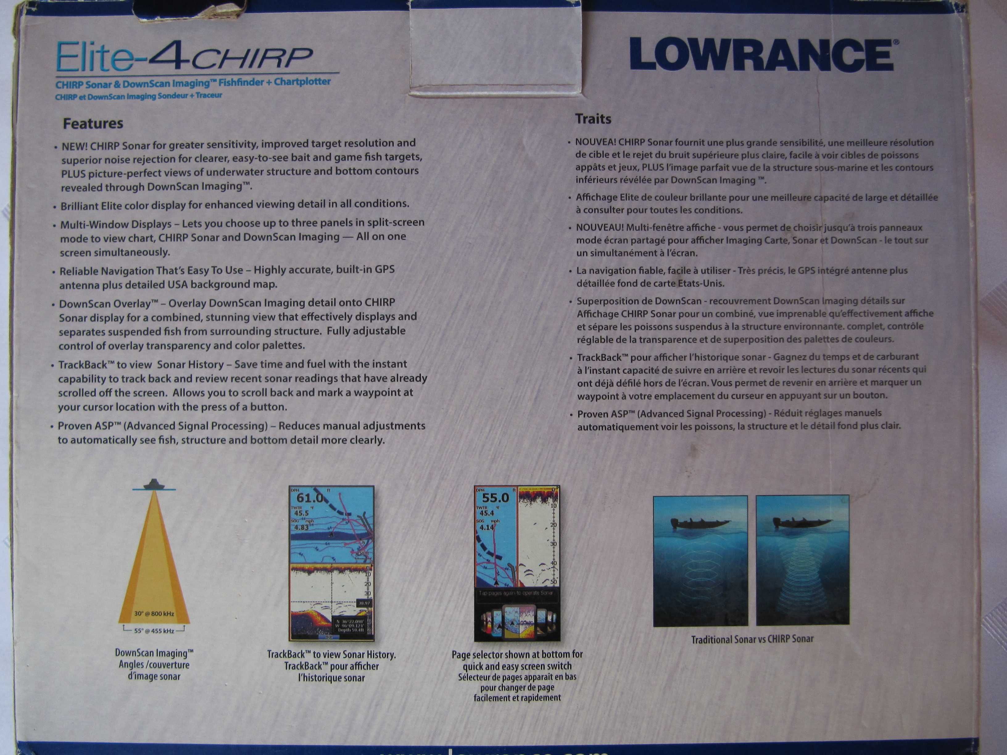 echosonda Lowrance Elite 4 CHIRP + SD MaxiMapa + dodatki - NOWA