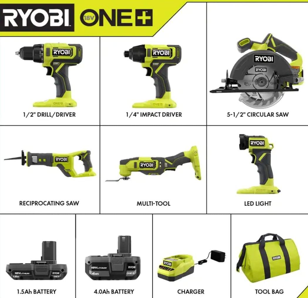 RYOBI ONE+ PCL1600K2 18V набір 6 інструментів (шуруповерт пила імпакт)