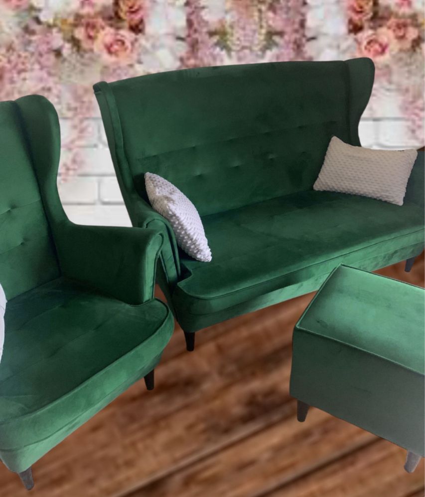 Zestaw wypoczynkowy fotel puf/podnóżek sofa uszak velvet glamour