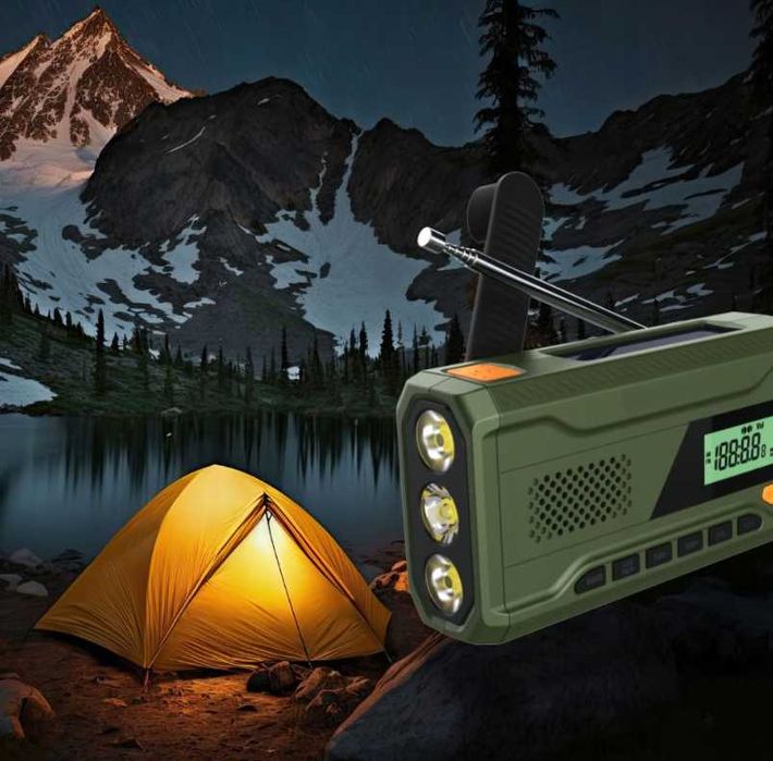 Radio Przenośne Powerbank 2000mAh Latarka Ładowanie Solarne, Korbowe