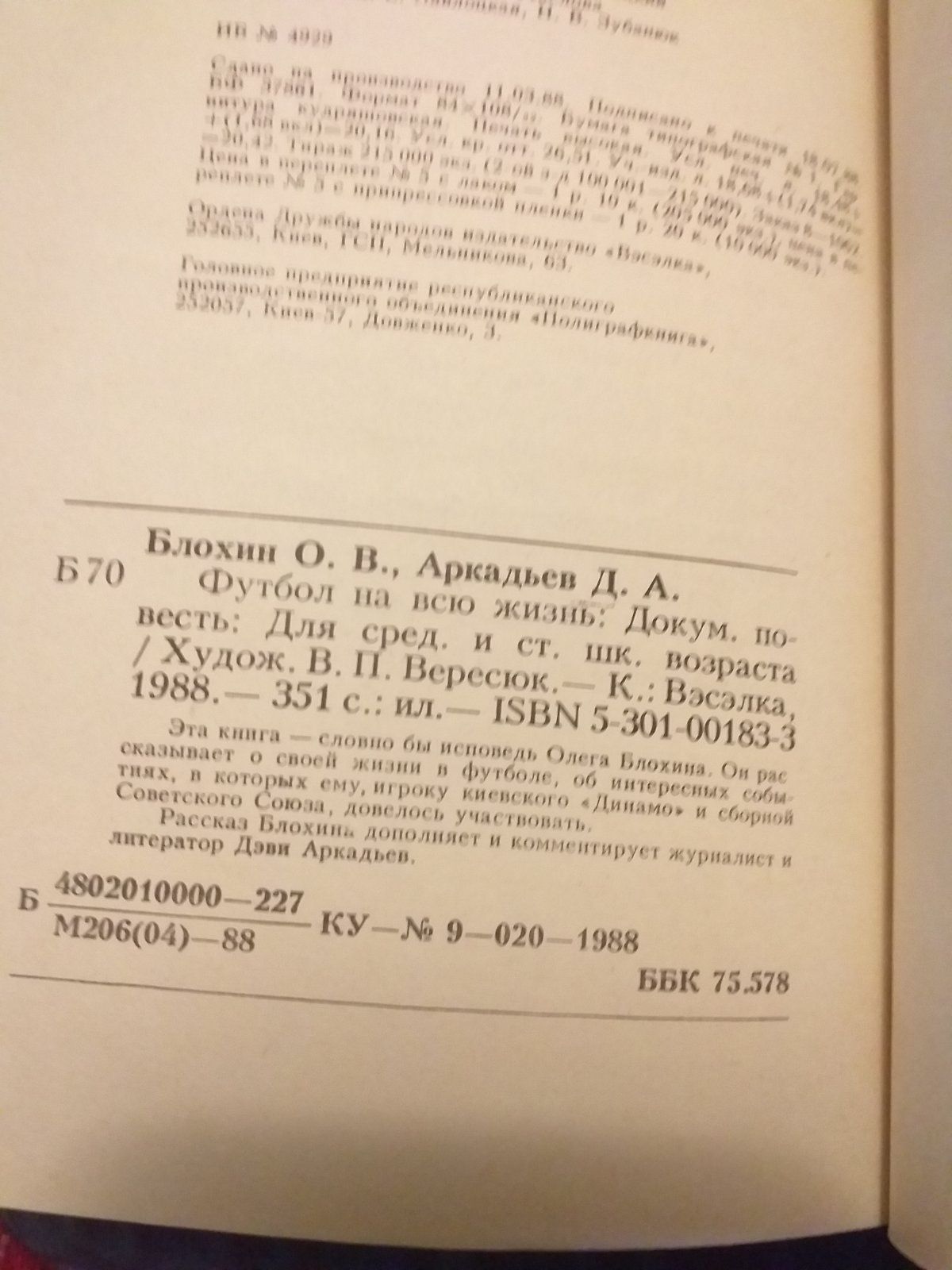 Футбол на всю жизнь. Олег Блохин. 1988год.