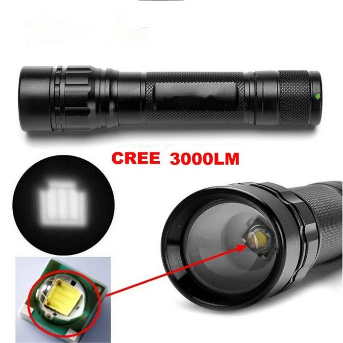 Super Lanterna Foco LED 3000 Lumens 3 modos CREE XML T6 LED 18650