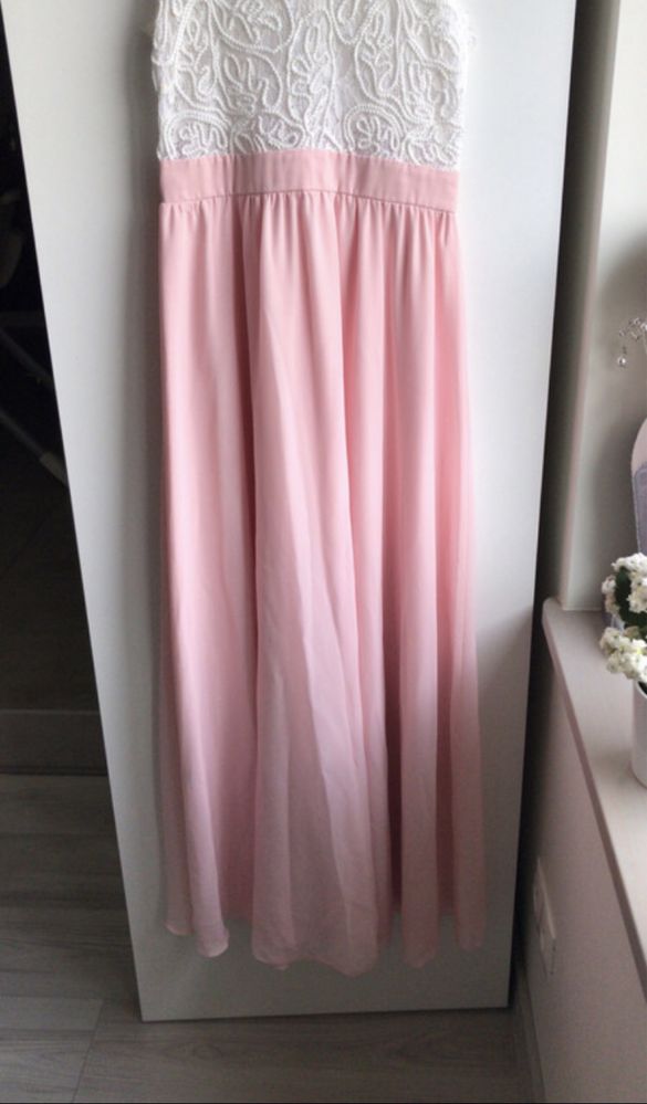 Maxi sukienka pudrowy roz i koronka S