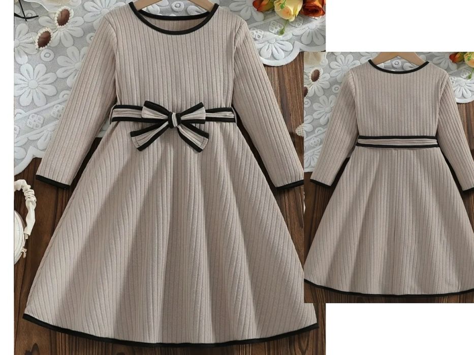 NOWA Zgrabna Sukienka 110 116 beżowa czarna Wizytowa Elegancka