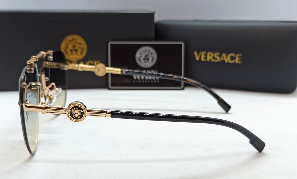 Versace очки унисекс солнцезащитные модные сине бежевые в золот метале