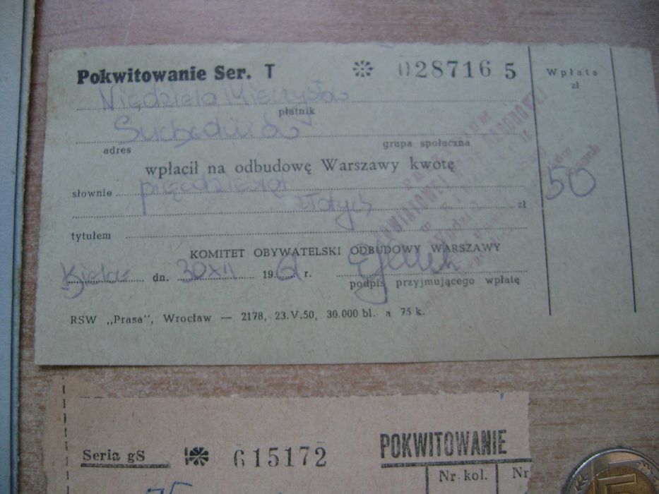 Starocie z PRL Stare dokumenty Zestaw 3 polskie kwity z 1950r. i 1961r