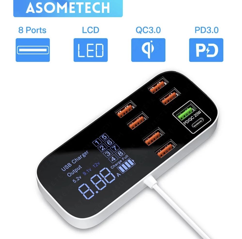 Мережевий зарядний пристрій ASOMETECH A9D+ (8 USB, QC 3.0, type C