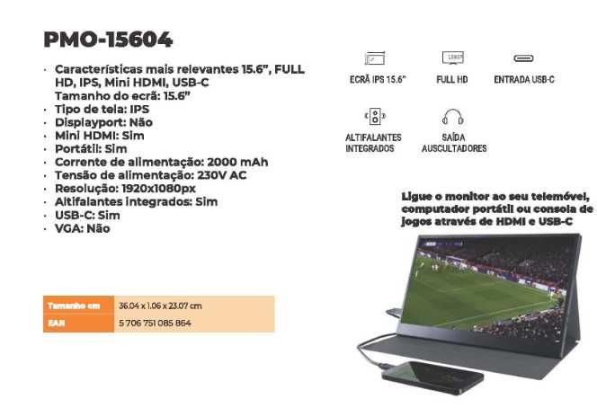 Monitor Portátil FHD 1080P IPS 15.6" USB-C/Mini HDMI DENVER