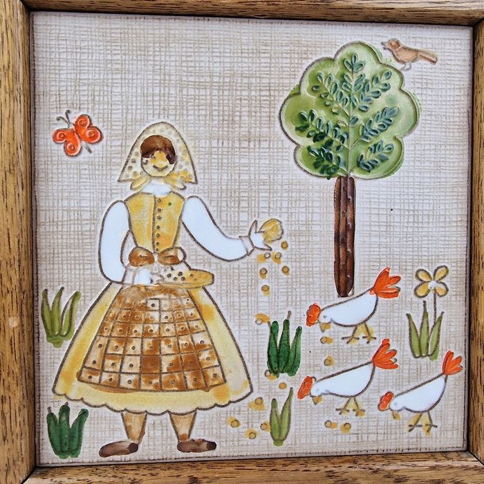 Płytka ceramiczna z terakoty z drewnianą ramą z lat 70-tych  WŁOCHY