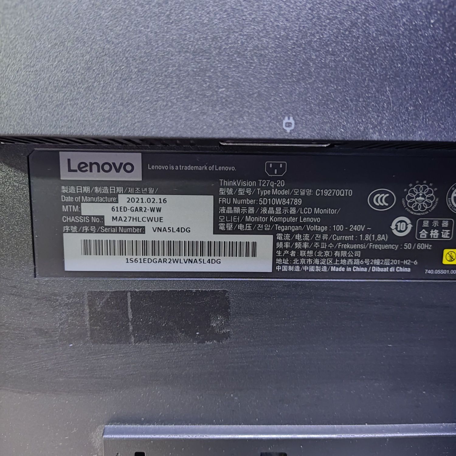 Монітор Lenovo ThinkVision T27q-20 (27’’/2560*1440p/16:9/IPS/DP, HDMI)