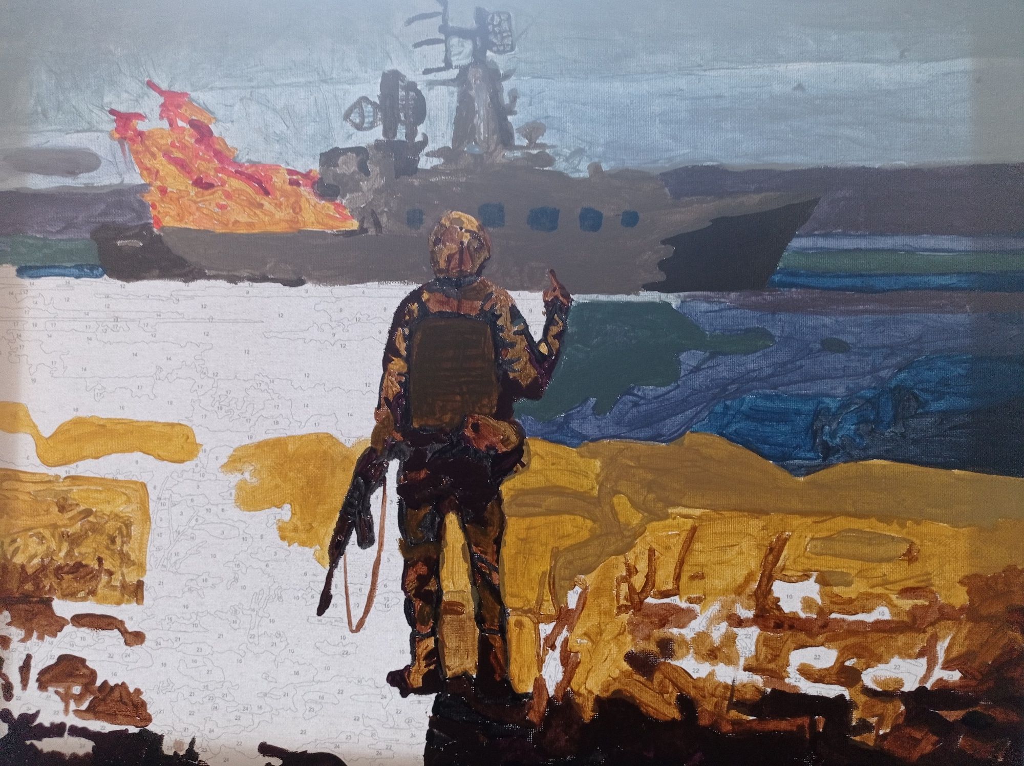Рисунок кистями на полотне Русский военный корабль иди на астру.